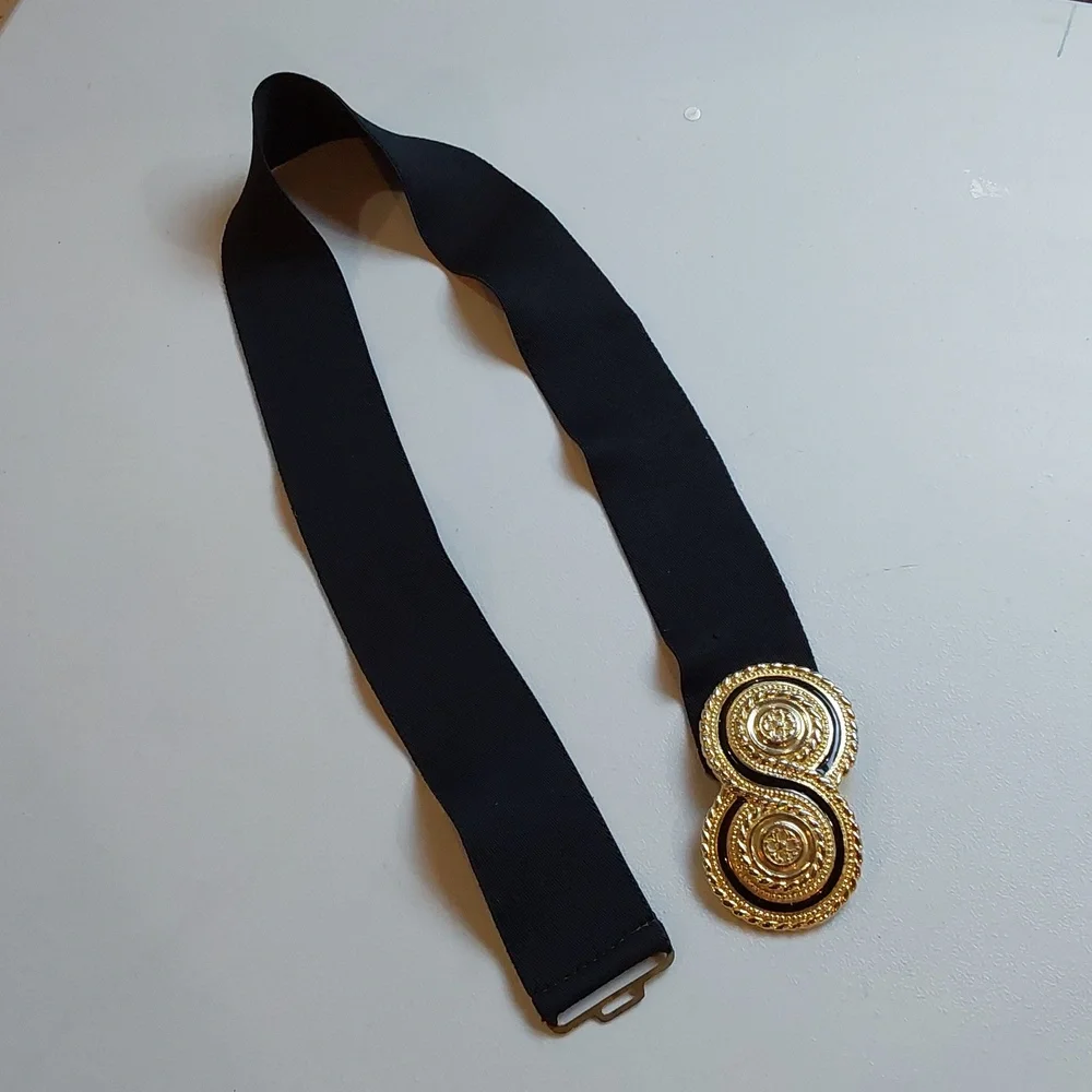 Day-Lor Black Elastic Stretch Belt with Gold Decorative Statement Buckle Gorg! L